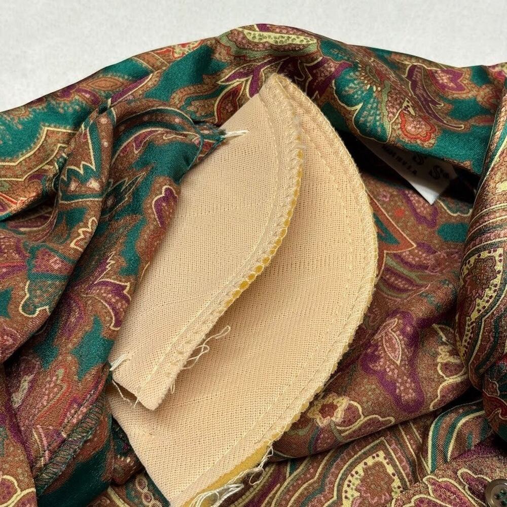 VTG RUSS Paisley Print Tie Neck Blouse Faux Silk Shirt Gold Green Womens Size 16 - Picture 6 of 12